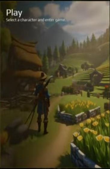 Original Play menu artwork showing a character approaching a rural settlement